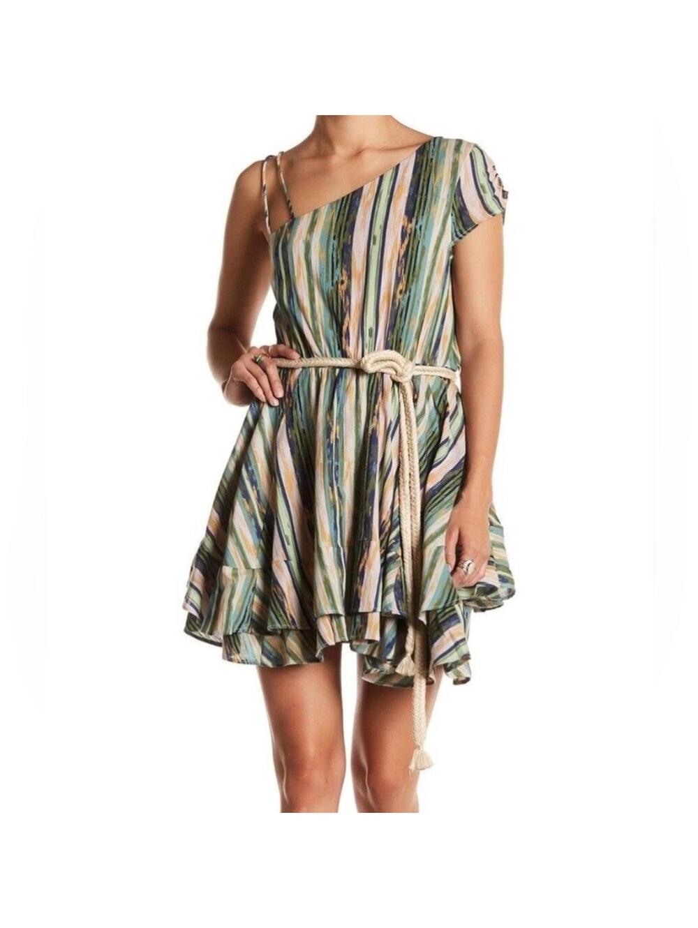 Free People Asymmetrical Ruffle Stripe Mini Dress XS Boho